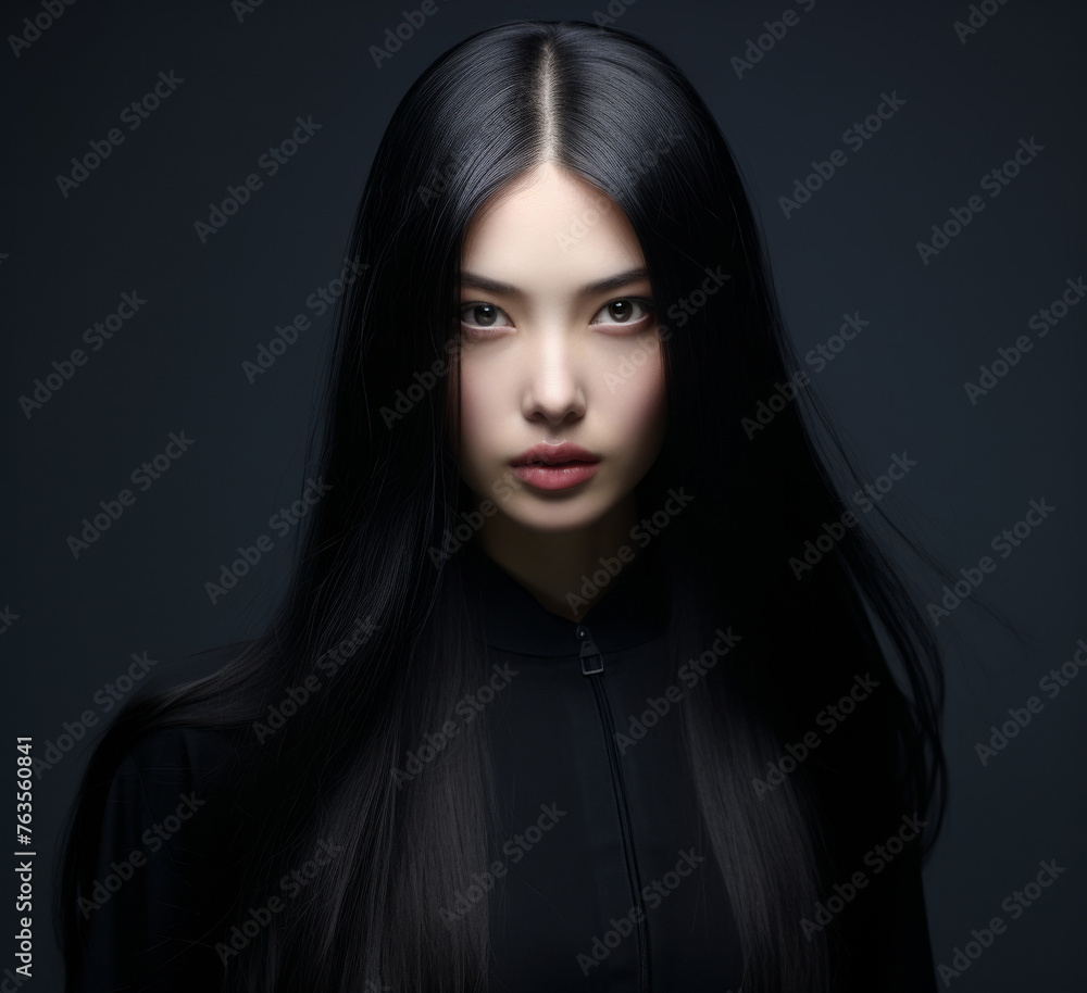 a beautiful woman blowing her long black hair on a grey background, concept of Beauty and hair care with keratin. Generative AI. a beautiful woman blowing her long black hair on a grey background, concept of Beauty and hair care with keratin. Generative AI.