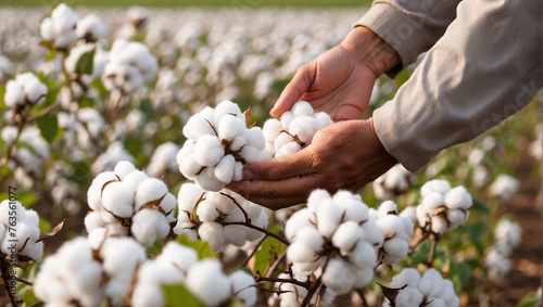 Farmer hand picking white boll of cotton Cotton farm