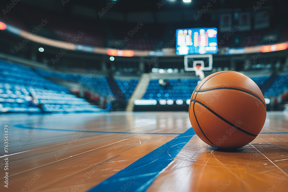 Basketball ball on the floor of an empty basketball court