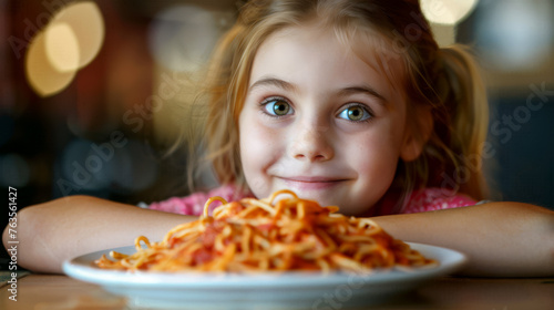 A young girl with blond hair smiling and eating spaghetti.