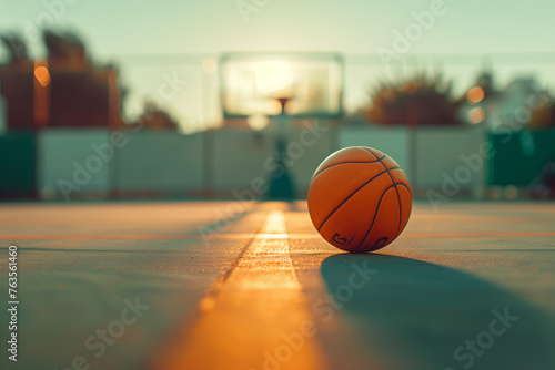 Basketball ball on the floor of an empty basketball court