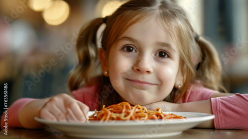 A young girl with blond hair in pig tails smiling and eating spaghetti.
