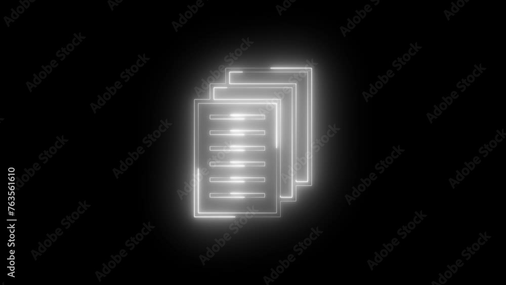 Neon glowing white page papers icon animation in black background Neon glowing white page papers icon animation in black background
