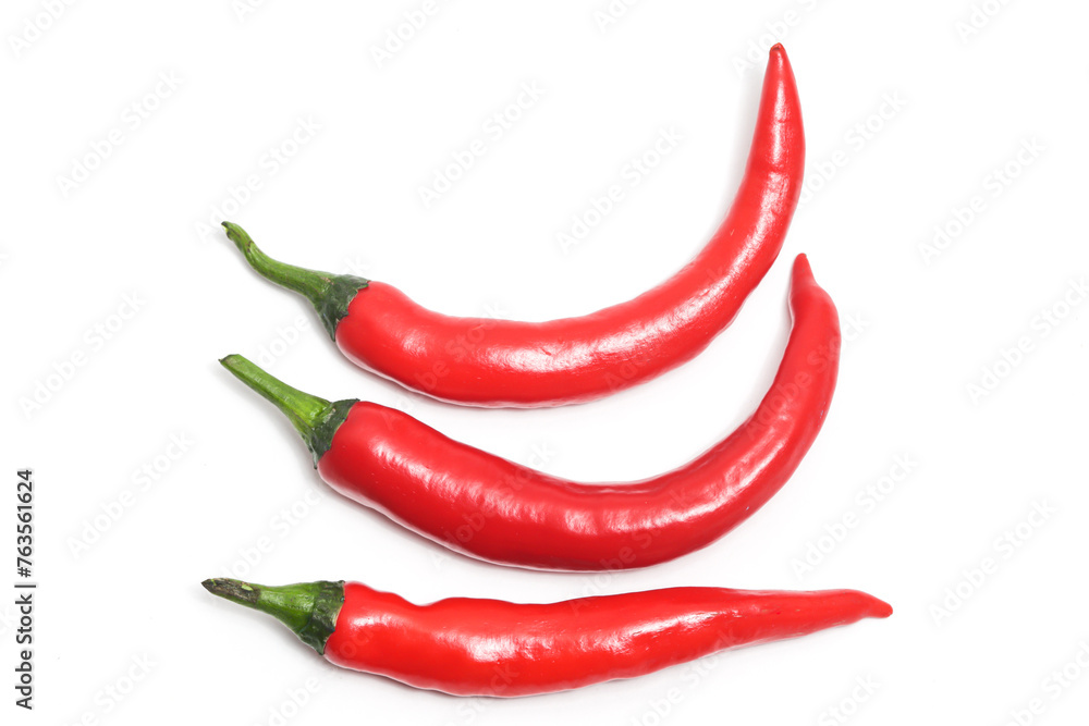 Three red hot chili pepper top view isolated on white background clipping path