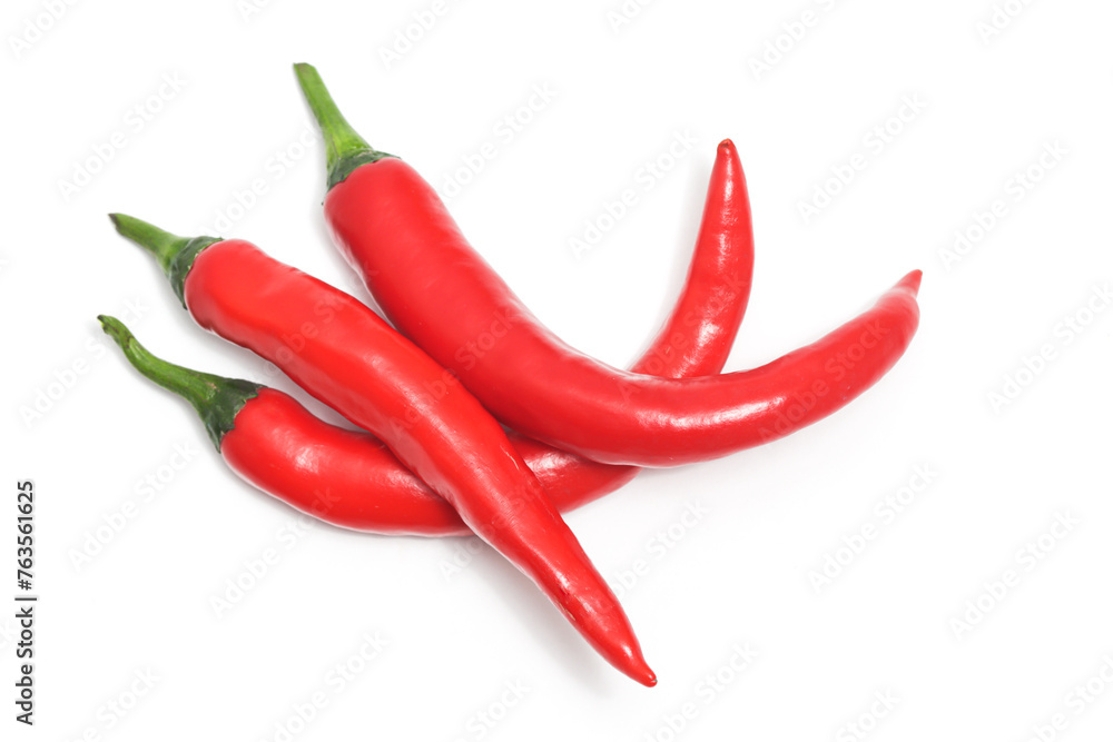 Three red hot chili pepper top view isolated on white background clipping path