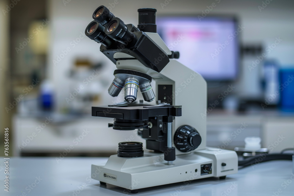 A close-up of a microscope in a medical laboratory, its intricate parts moving in perfect synchronization