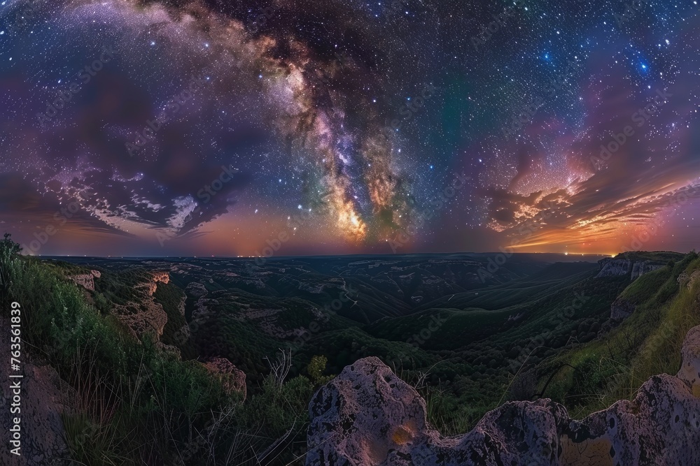The night sky is filled with stars and clouds, creating a stunning celestial display above the landscape