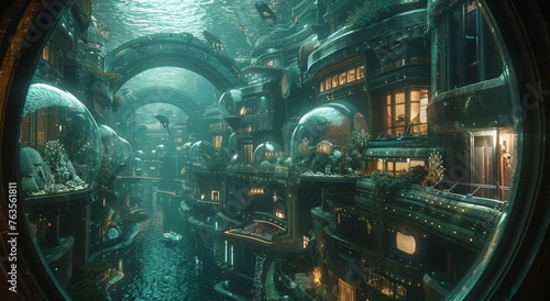 Underwater Cityscape Viewed Through Circular Window