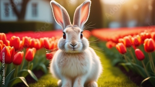 rabbit sitting on a field with tulips