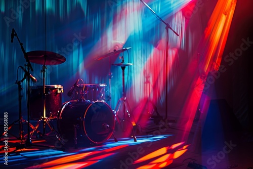 Set of drums and drumsticks arranged on a stage under colorful lights  creating a dynamic composition