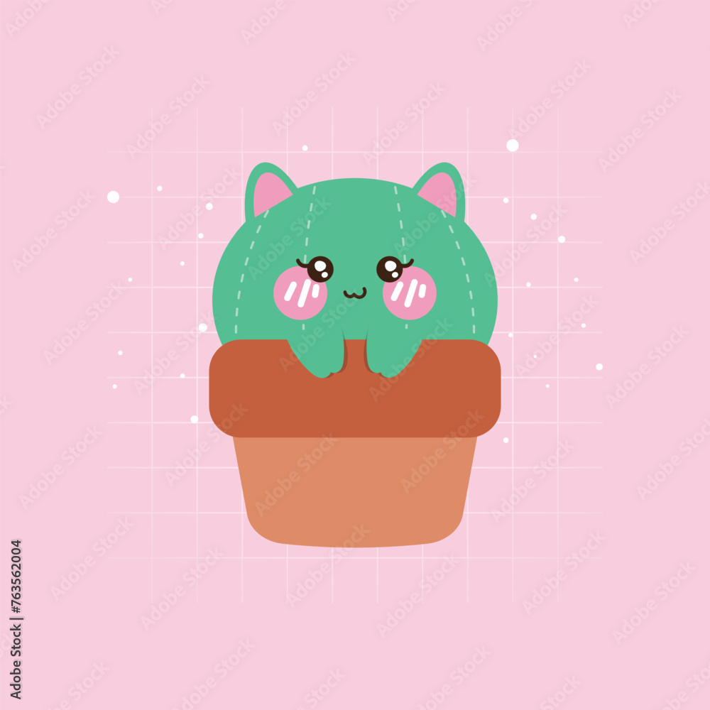 Cute kawaii cat cactus emoji emoticon vector with pink background Cute kawaii cat cactus emoji emoticon vector with pink background
