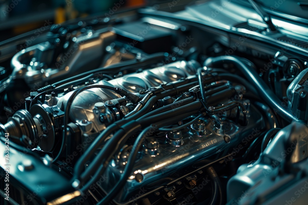 A close-up view of a car engine being serviced by a mechanic, highlighting precision and expertise in automotive maintenance