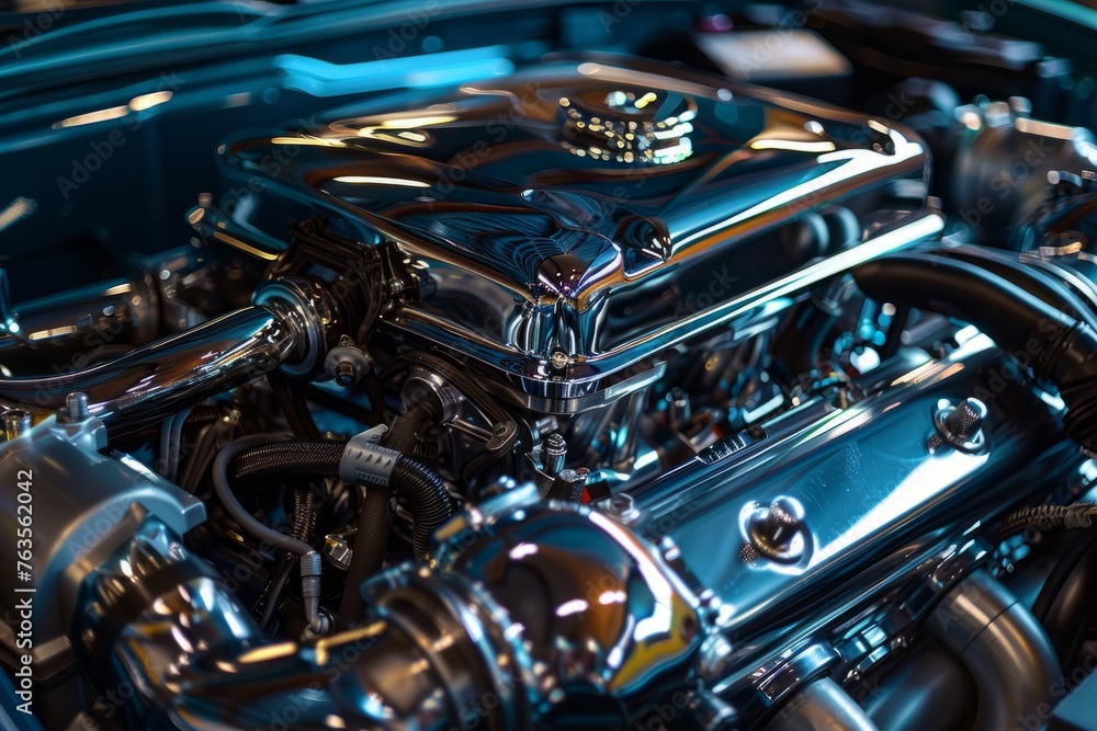 Detailed view of a shiny car engine being serviced by a mechanic, showcasing precision and expertise in automotive maintenance