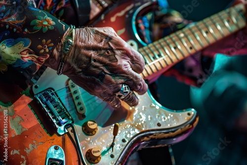 A close-up shot capturing the movement and emotion of a musicians hands playing a guitar