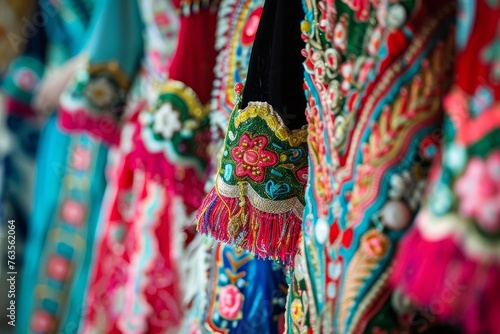 A closeup shot of a variety of colorful traditional costumes hanging on a rack, showcasing intricate embroidery details and vibrant hues