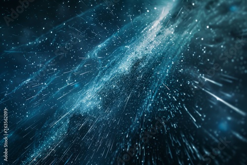 A detailed closeup of a meteor shower streaking through a blue and black space filled with stars, showcasing the dynamic nature of celestial phenomena