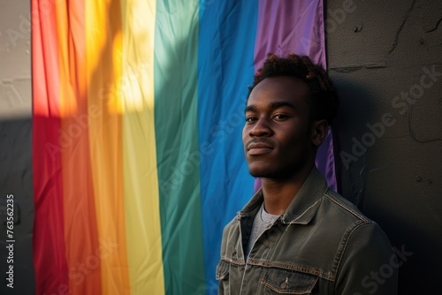 A man stands in front of a rainbow flag photo