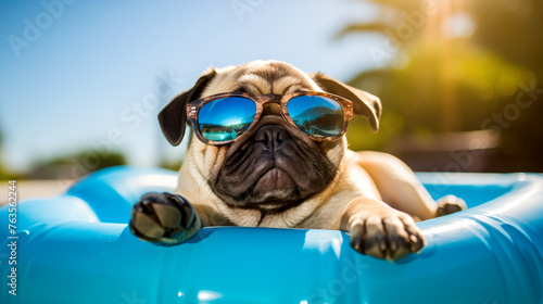 A pug dog sits on a blue inflatable ring in the pool. A fashionable pug puppy in sunglasses, swimming in the pool. Recreation for dogs. Cute pug enjoys relaxing on a sunny summer day © Nonna