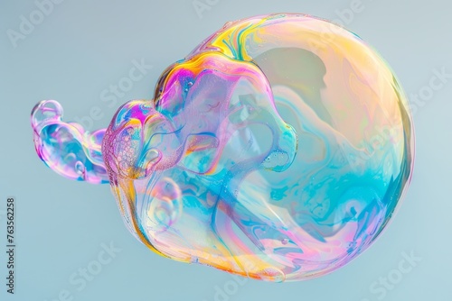 Rainbow soap bubble floats in the air against a blue background