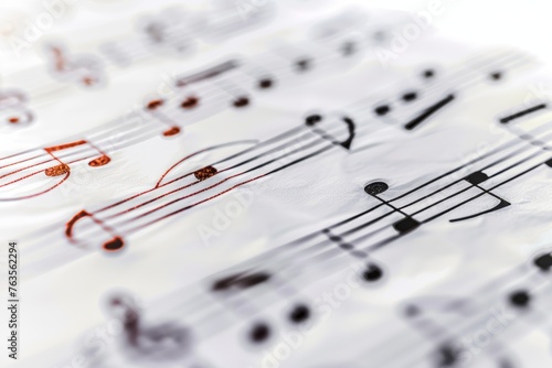 Detailed close up of musical notes arranged on a sheet of paper, showcasing the composition and arrangement of music