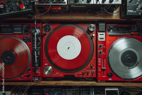 Multiple red and black turntables are stacked on top of each other, showcasing a DJ setup with vinyl records