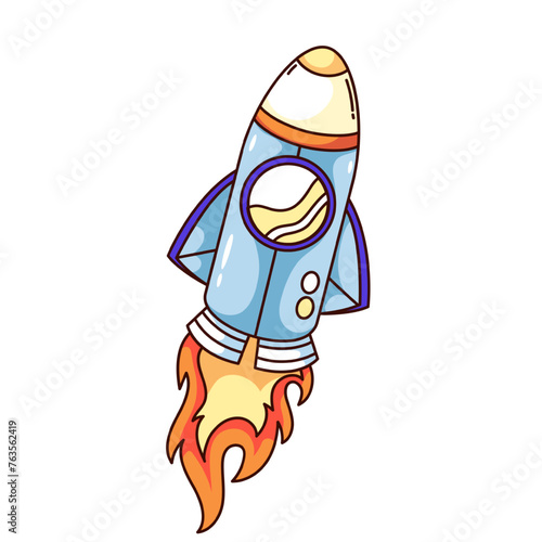 Groovy cartoon rocket with fire from nozzles. Funny retro spaceship flying up fast, shuttle launch, space travel mascot. Cartoon cute speed rocket sticker of 70s 80s style vector illustration