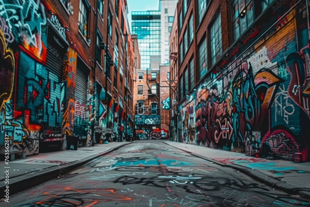 Fototapeta premium Wide-angle shot of an urban street covered in graffiti, showcasing bold and expressive street art that reflects the creativity and vibrancy of urban culture