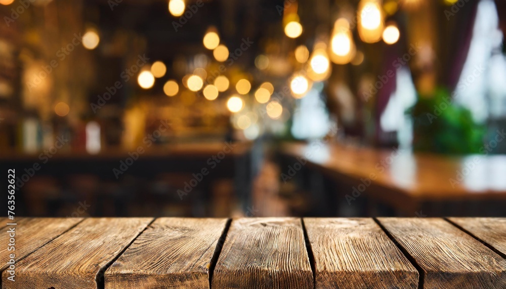 tabletop or bar background blurry with empty wooden planks there is space to place products