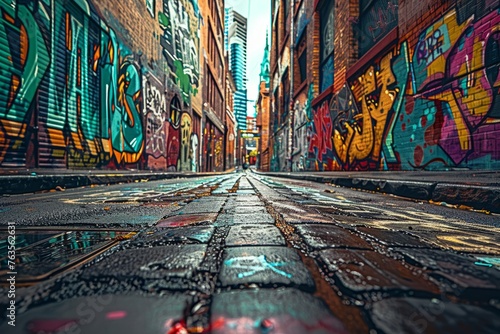 A wide-angle shot of an urban alleyway covered in bold graffiti, showcasing the creativity and vibrancy of urban culture photo