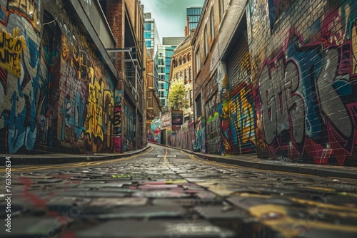 A wide-angle shot of an urban alleyway covered in bold and expressive street art graffiti, showcasing the creativity and vibrancy of urban culture