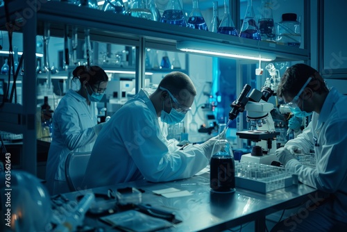 A wide-angle shot of a group of scientists collaborating and conducting experiments in a state-of-the-art research laboratory