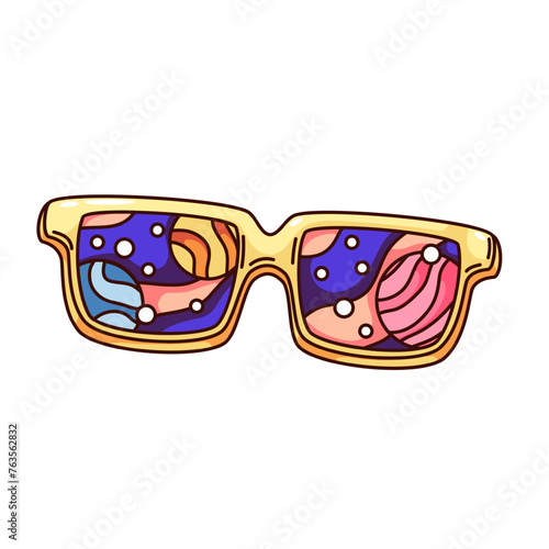 Groovy cartoon sunglasses with planets and space on glasses. Funny retro psychedelic universe in spectacles, fun astronomy mascot, cartoon hippy sunglasses sticker of 70s 80s style vector illustration