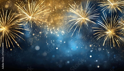 abstract gold black and blue glitter background with fireworks christmas eve 4th of july holiday concept photo