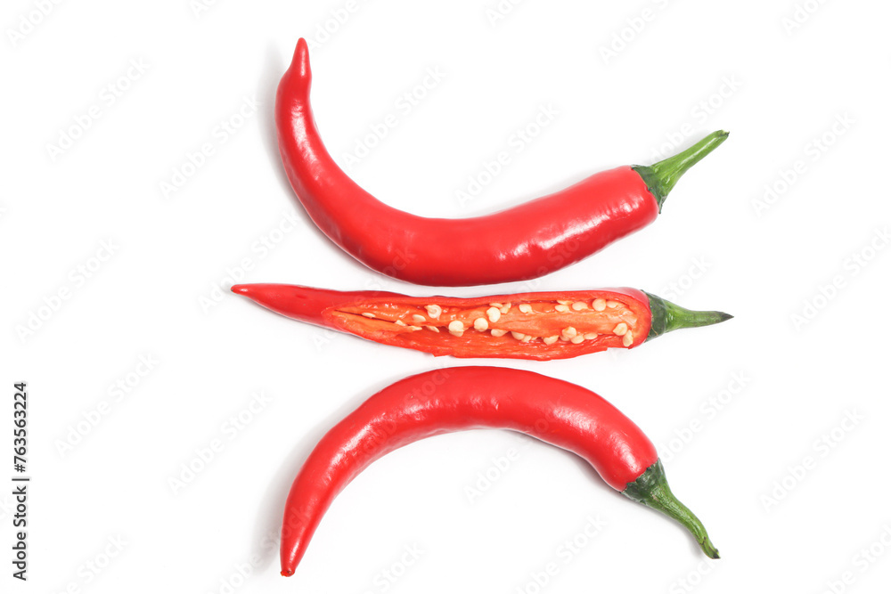 Half sliced red hot chili pepper top view isolated on white background clipping path