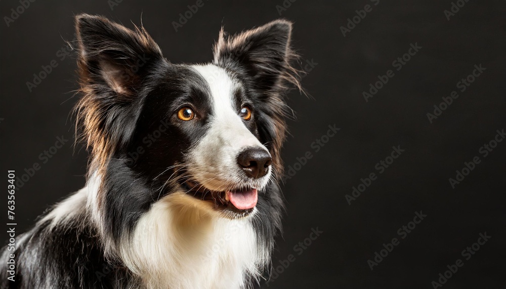 portrait of a border collie dog isolated on black background banner with copy space