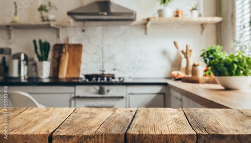 wooden countertop on blurred background of light kitchen interior mockup