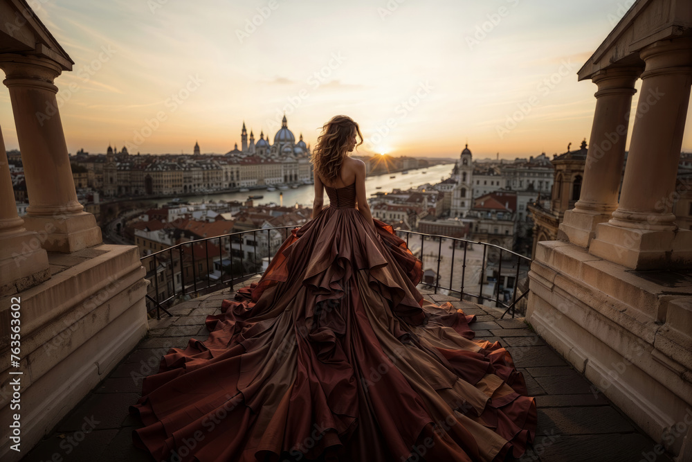 Woman in a luxurious gown admires the sunset over an old European city from a high vantage point