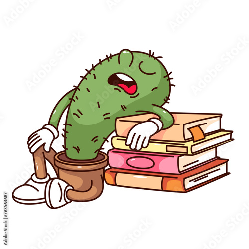 Groovy cactus in pot cartoon character sleeping on books. Funny retro tired succulent plant from study, learning difficulty mascot, cartoon potted cactus sticker of 70s 80s style vector illustration