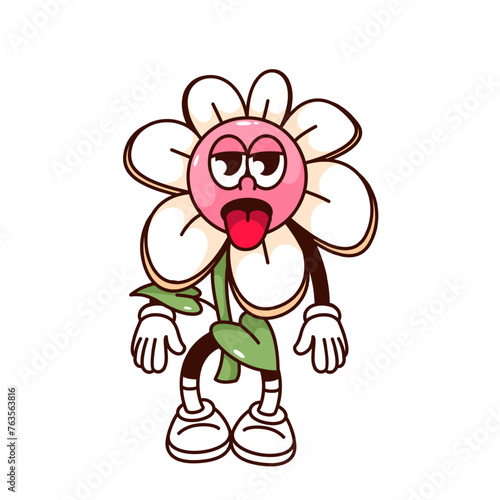 Groovy tired flower cartoon character with tongue sticking out. Funny retro bored spring daisy with sad expression, tiredness mascot, cartoon flower sticker of 70s 80s style vector illustration
