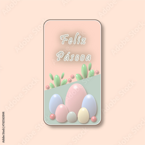 Retângulo representando celular, com inscrição Feliz Páscoa, desenhos de ovos coloridos, tons pastel, fundo creme. photo
