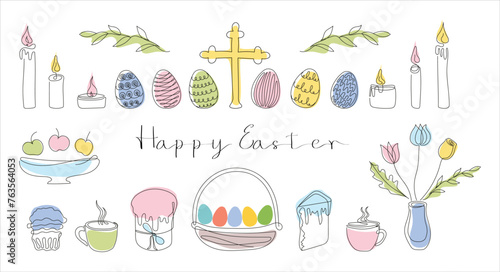 Easter Set in continuous one line style with design elements like Easter cakes, eggs, candles, cross, mugs, flowers, cupcake. Colored vector on white. Clipart. Easter card with Happy Easter greeting.