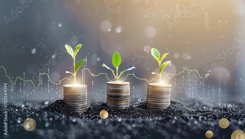 Three stacks of coins with sprouting plants on top, growing in proportion from left to right, symbolizing growth and development of money over time