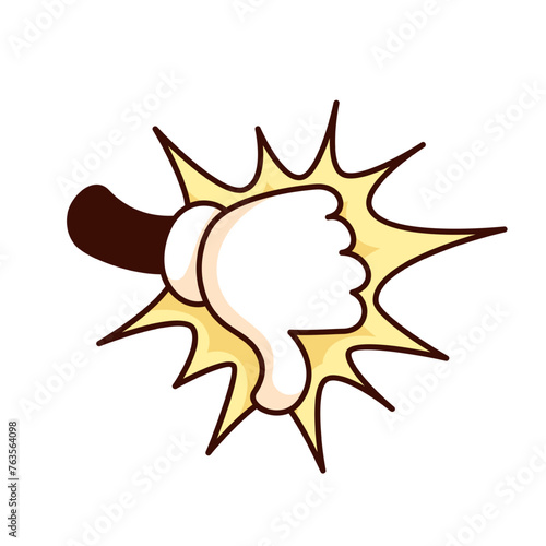 Groovy cartoon thumbs down with pop art speech bubble. Funny retro hand emoji with rejection gesture, dislike and hate mascot, cartoon thumbs down sticker of 70s 80s style vector illustration