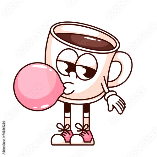 Groovy bored coffee cup cartoon character blowing bubble gum. Funny retro white mug with sneakers and pink candy ball, boredom mascot, cartoon coffee sticker of 70s 80s style vector illustration