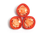 Close-up three sliced red hot chili pepper top view isolated on white background clipping path