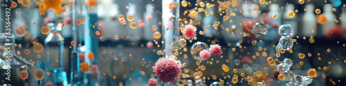 Multicolored spheres resembling molecules or cells float in a bokeh-lit blurred background, suggesting a scientific theme