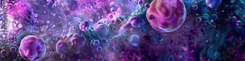 Vivid digital artwork portraying cells in purple and pink hues, suggesting microscopic biological activity