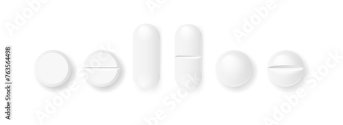 Pills and capsules Medicines tablets, capsules drug of painkillers, antibiotics vitamins. isolated on white background. Vector illustration