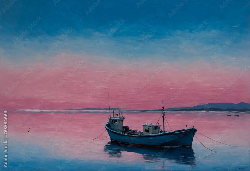 Fototapeta premium Fishing boat on sea in morning. Food industry