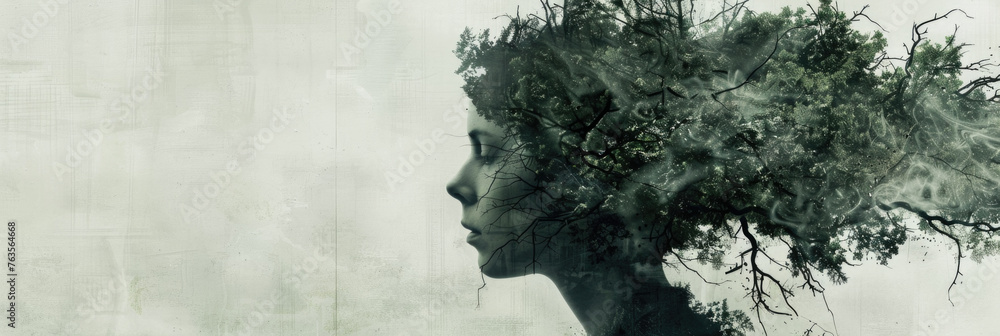 Side view of a womans face artistically blended with the branches and leaves of a tree